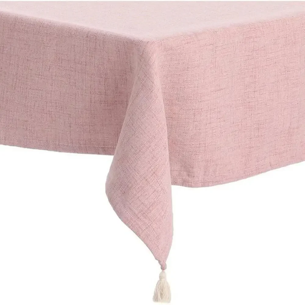 NEW Farmhouse Cottage Rectangle Pink Cotton Linen Table Cloth Tassels 71